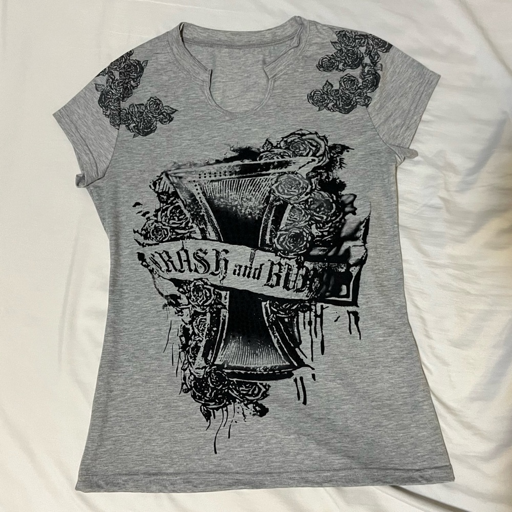 Grey & Black “Crash and Burn” Graphic T-Shirt Emo Y2K Mcbling Scene Grunge